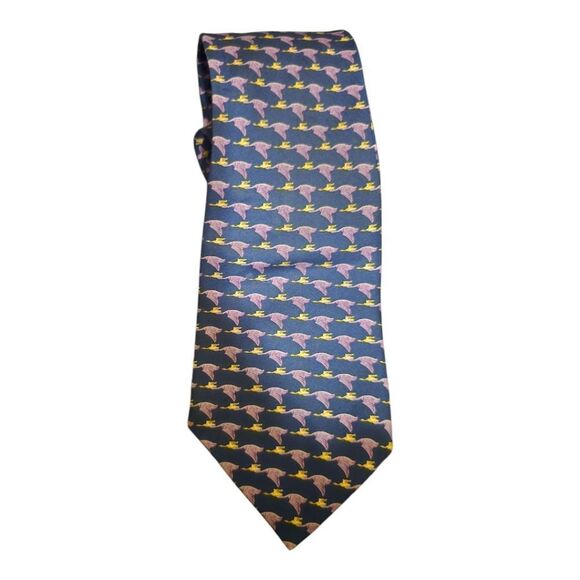 THOMAS PINK Silk Tie Navy Lavender Bird Print - Picture 2 of 7